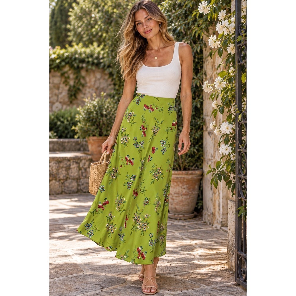 Cottagecore Boho Floral Maxi Skirt Chartreuse Green Romantic Womens Size 14